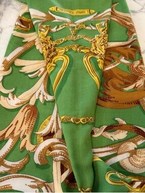 Hermes Green, Gold and Brown Silk Scarf